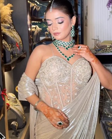 Champagne corset saree gown with embroidered bodice